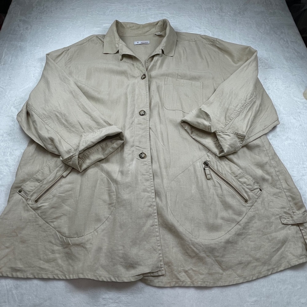 Star Sport Womens 2X Tan 100% Linen Button Down Shirt Jacket Zipper Pockets